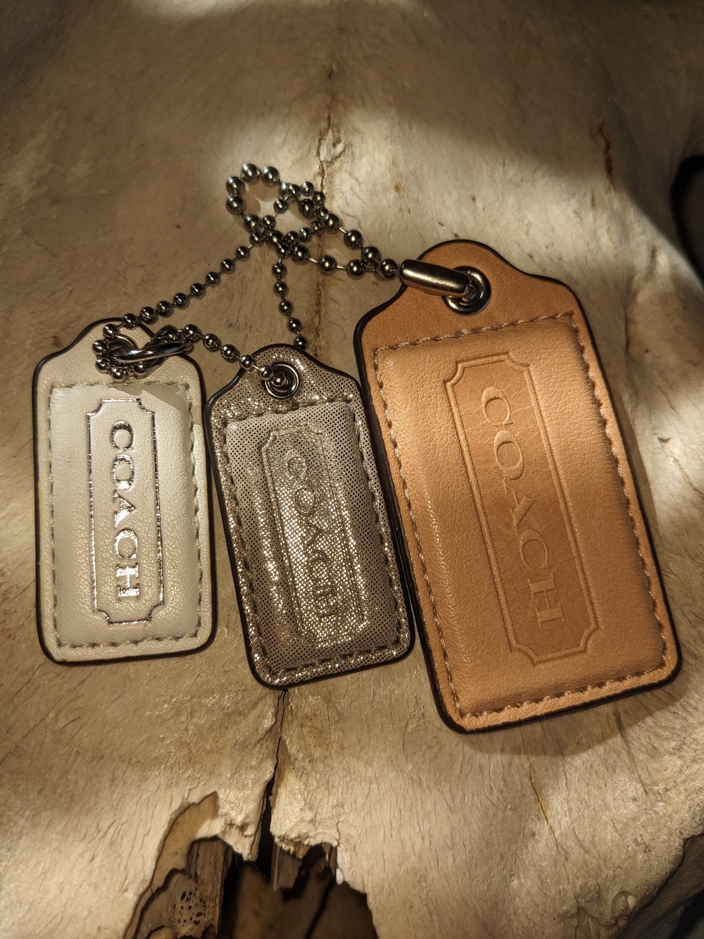 Coach Leather Key Tag Trio — Tan, Silver, White
